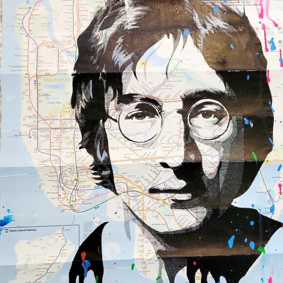 Handpainted John Lennon Beatles Unique Acrylic Art painted on a NYC Subway Map - Picture 5 of 6